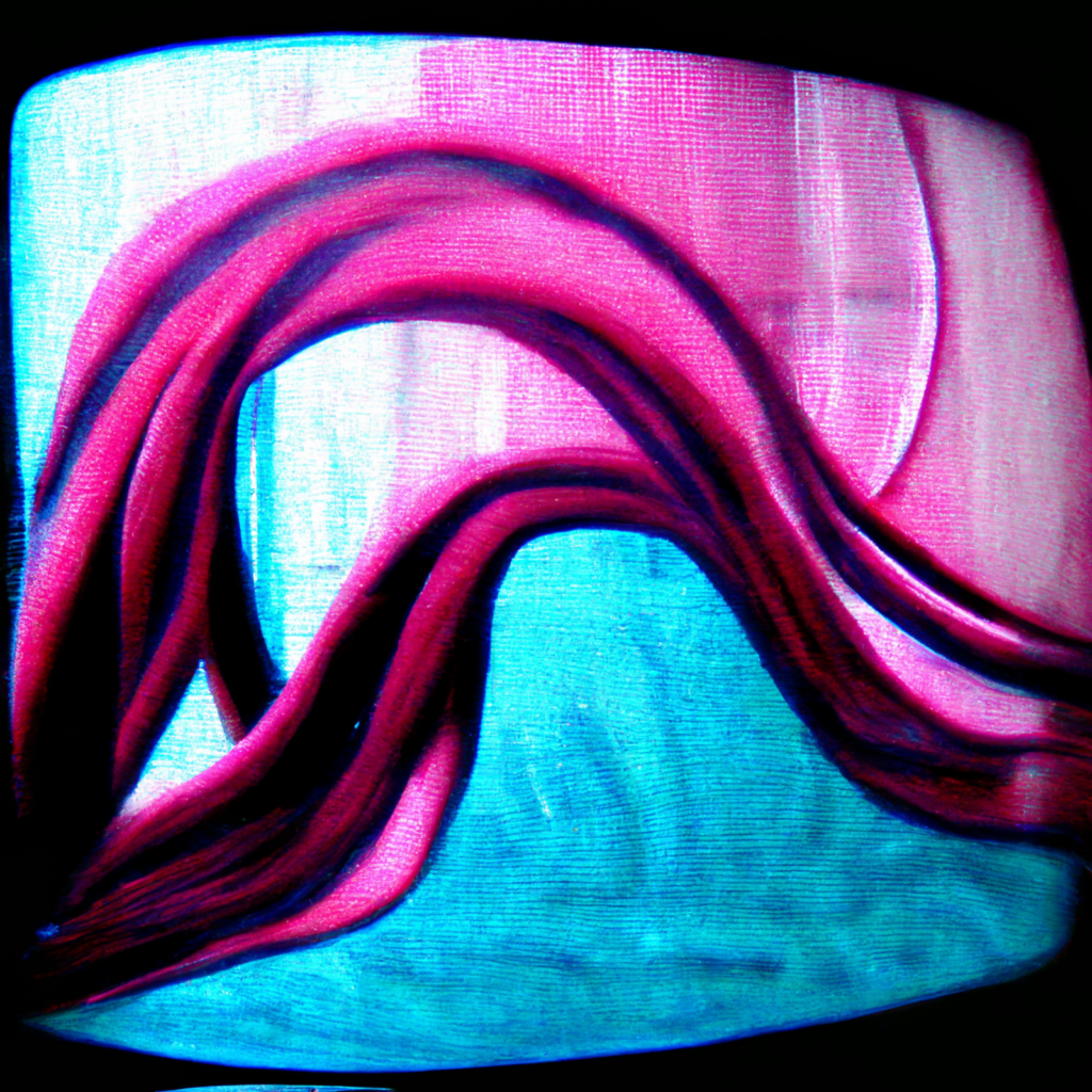 Wisps of magenta cloth floating on a cyan background, viewed through a curved CRT television screen