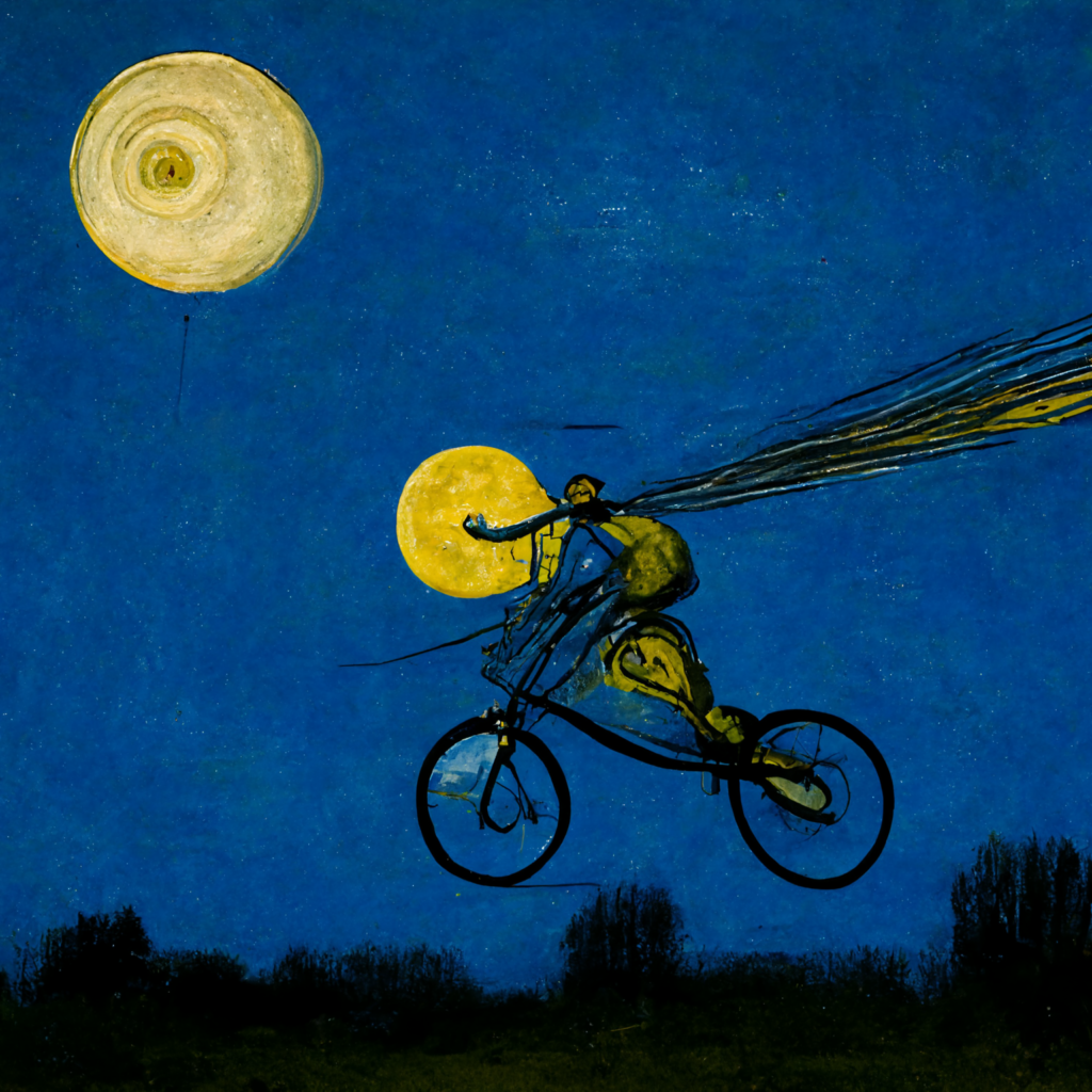 An impressionist painting of a man on a bicycle flying through the night sky in front of a full moon