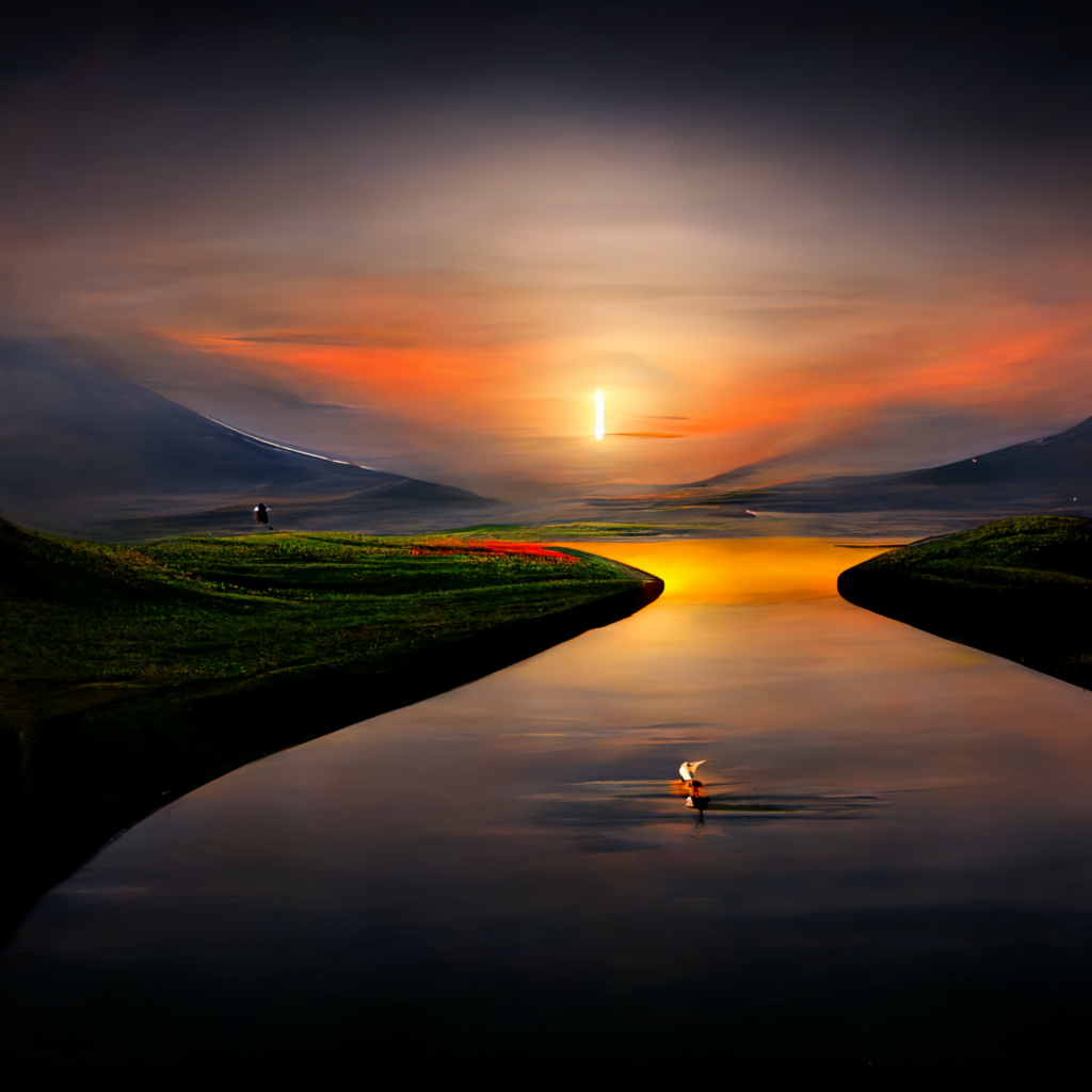 A broad valley with a wide river running through it seen facing an orange sunset. A small white bird rests on the water in the foreground