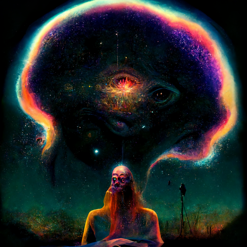 A man with a long beard in front of a night sky with a galaxy in the center shaped like an eye. The scene is surrounded by a purple, orange, and cyan halo in the shape of the outline of a brain