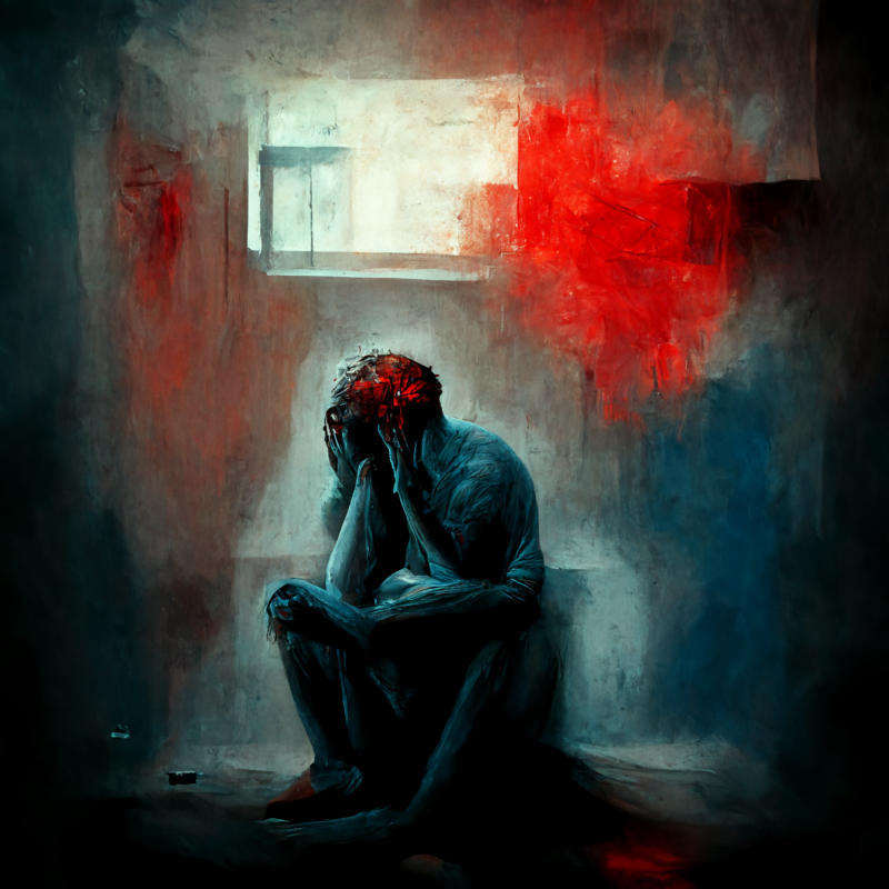 A man sitting in a basement under a small, dim window with his head in his hands. A blurry red cloud engulfs his head.