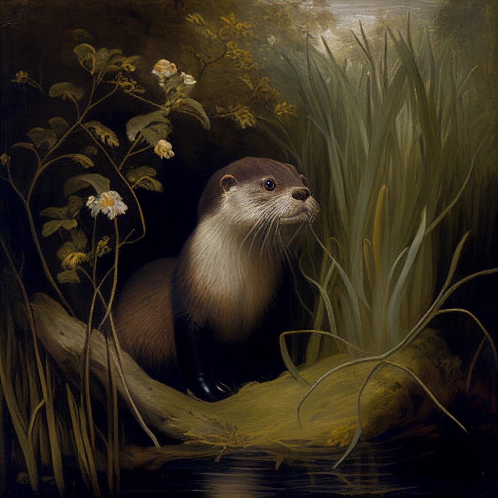 Painting of an otter in flowers and tall grass next to a stream